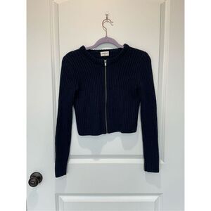 Sunday Best Merino Wool Blend Ribbed Zip Front Sweater Navy Size XS